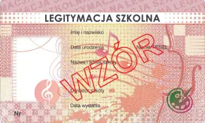 Legitymacja szkolna z polami na dane, nutami i znakiem wodnym "WZÓR".