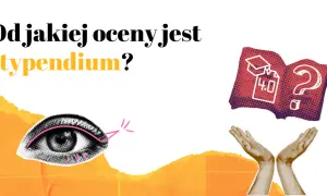 Od jakiej oceny jest stypendium? Grafika przedstawia oko, otwarte dłonie i otwartą księgę z pytajnikiem, sugerując poszukiwanie informacji o wymaganiach.