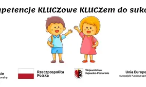 Dzieci z plecakami, symbolizujące zajęcia rozwijające kompetencje społeczno-emocjonalne, pod hasłem "Kompetencje KLUCZOWE KLUCzem do sukcesu".