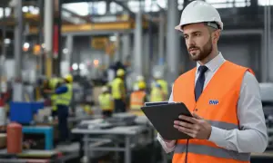 Mężczyzna w kasku i kamizelce BHP z tabletem w ręku, pracownicy w tle. Dobry technik BHP zarobki są satysfakcjonujące.