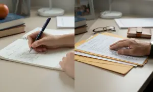 Dwie sceny: ręka pisze w zeszycie z napisem "High School", druga ręka przegląda dokumenty. Czy szkoła średnia wlicza się do urlopu?