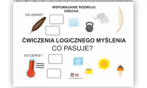 Ćwiczenia logicznego myślenia: piórko i słoń to lekkie, termometr i słońce to ciepłe. Dopasuj obrazki.