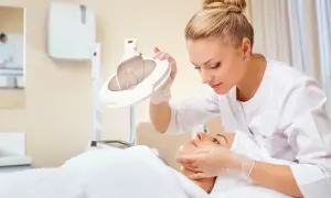 Kosmetyczka w białym fartuchu bada twarz klientki pod lampą. Czy warto zostać technikiem usług kosmetycznych?