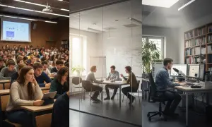 Studenci na wykładzie, dyskusja w sali konferencyjnej i praca w laboratorium – różne etapy kształcenia na poziomie studiów.