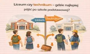 Dylemat: liceum czy technikum? Młodzi ludzie stoją przed wyborem ścieżki edukacji po szkole podstawowej, symbolizowanej przez rozwidlenie dróg.
