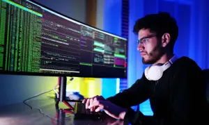 Młody mężczyzna w okularach pracuje przy komputerze, analizując kod. To obrazek dla osób zainteresowanych tym, jakie są technik informatyk zarobki.
