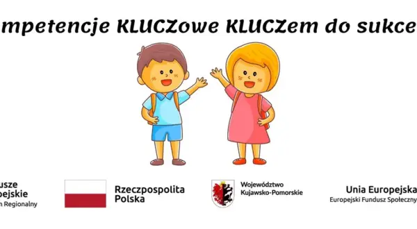 Dzieci z plecakami, symbolizujące zajęcia rozwijające kompetencje społeczno-emocjonalne, pod hasłem "Kompetencje KLUCZOWE KLUCzem do sukcesu".