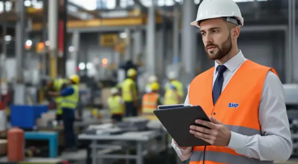 Mężczyzna w kasku i kamizelce BHP z tabletem w ręku, pracownicy w tle. Dobry technik BHP zarobki są satysfakcjonujące.