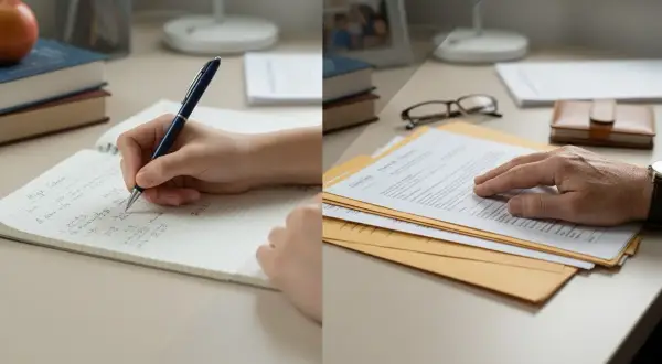 Dwie sceny: ręka pisze w zeszycie z napisem "High School", druga ręka przegląda dokumenty. Czy szkoła średnia wlicza się do urlopu?