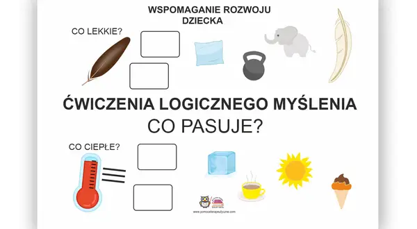 Ćwiczenia logicznego myślenia: piórko i słoń to lekkie, termometr i słońce to ciepłe. Dopasuj obrazki.