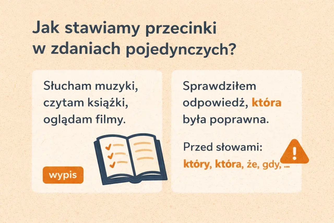Jak nauczyć się stawiać przecinki? Przykład: "Sprawdziłem odpowiedź, która była poprawna." Przecinki stawiamy przed "który", "która", "że", "gdy".