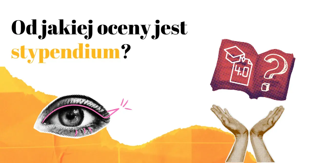 Od jakiej oceny jest stypendium? Grafika przedstawia oko, otwarte dłonie i otwartą księgę z pytajnikiem, sugerując poszukiwanie informacji o wymaganiach.