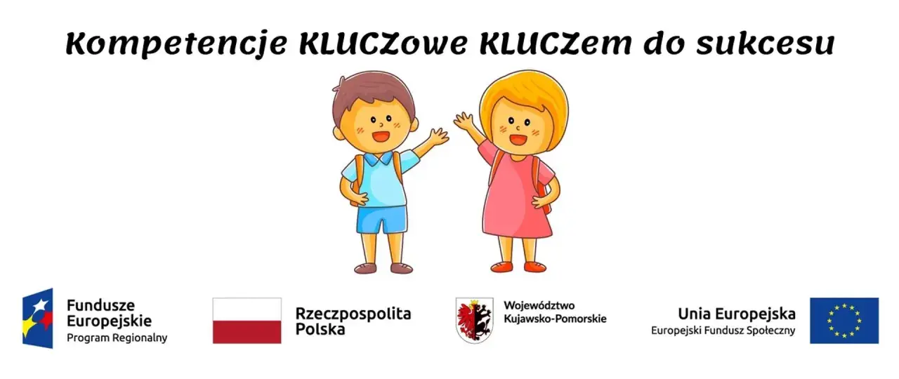 Dzieci z plecakami, symbolizujące zajęcia rozwijające kompetencje społeczno-emocjonalne, pod hasłem "Kompetencje KLUCZOWE KLUCzem do sukcesu".