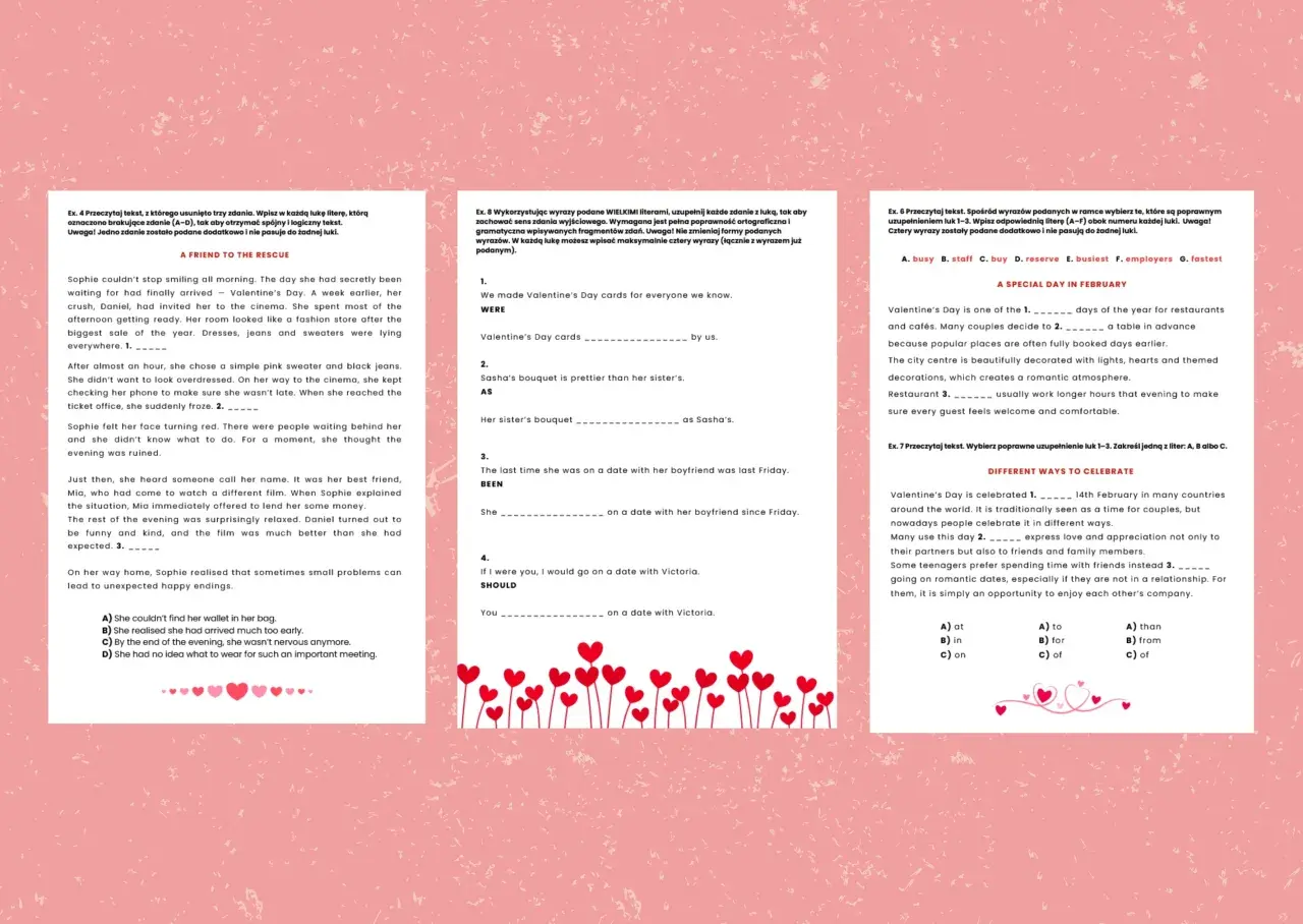Ćwiczenia z angielskiego na poziomie egzaminu ósmoklasisty, dotyczące Walentynek i relacji.