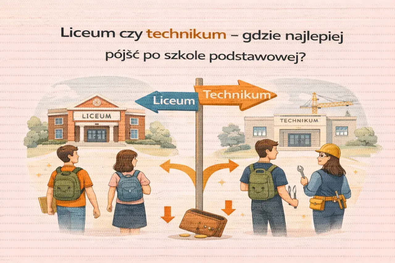 Dylemat: liceum czy technikum? Młodzi ludzie stoją przed wyborem ścieżki edukacji po szkole podstawowej, symbolizowanej przez rozwidlenie dróg.
