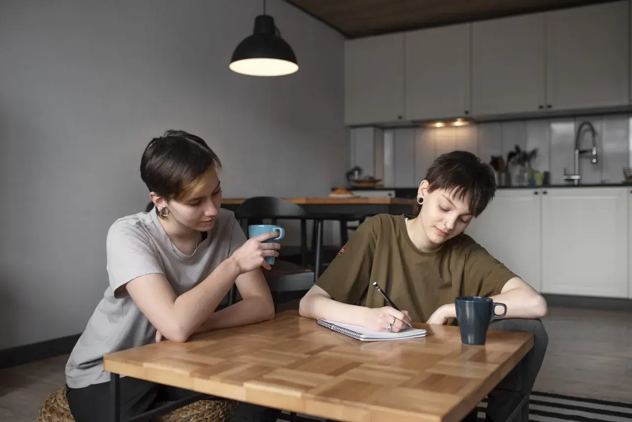 Dwie osoby przy stole, jedna pisze, druga pije kawę. Rozmowa o tym, jak załatwić zaświadczenie o dysleksji, może być wsparciem w nauce.