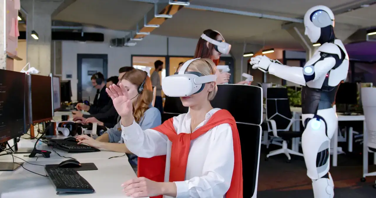 Ludzie w goglach VR i robot współpracują, pokazując, jakie są zawody przyszłości.