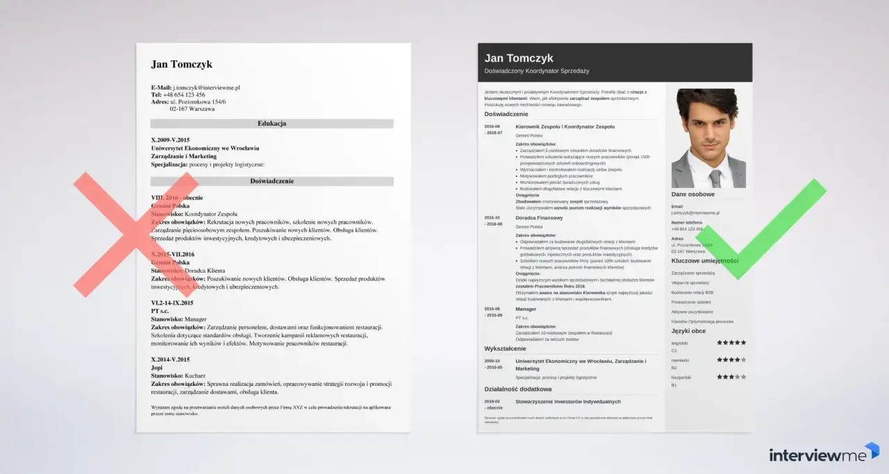 CV Jana Tomczyka, doświadczonego koordynatora sprzedaży, z pytaniem 