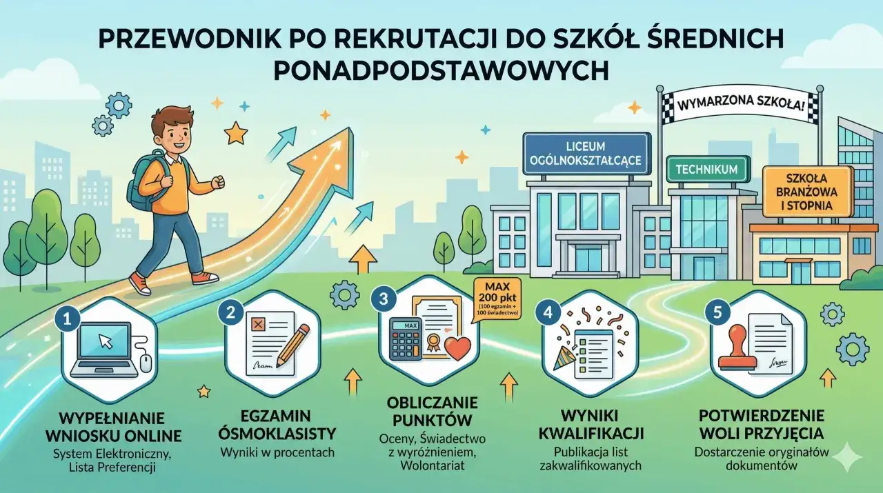 Ilustracja przedstawia zasady rekrutacji do liceum: wypełnianie wniosku, egzamin ósmoklasisty, obliczanie punktów, wyniki kwalifikacji i potwierdzenie woli przyjęcia.