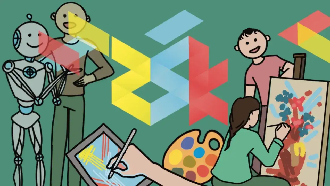 Robot i człowiek przy tablecie, obok malująca dziewczyna. Wybór między technikum czy liceum?