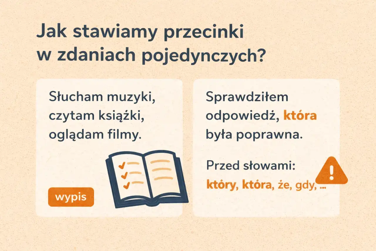Jak nauczyć się stawiać przecinki? Zobacz przykłady zdań i słów, przed którymi stawiamy przecinek, np.