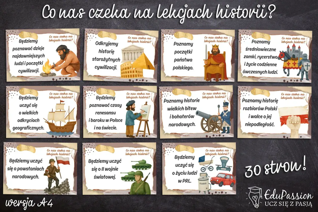 Jak uczyć się historii? Grafika pokazuje różne epoki i wydarzenia historyczne, od starożytności po PRL, zachęcając do poznawania przeszłości.