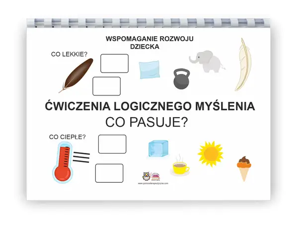 Ćwiczenia logicznego myślenia: piórko i słoń to lekkie, termometr i słońce to ciepłe. Dopasuj obrazki.