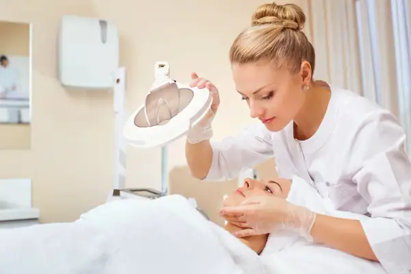 Kosmetyczka w białym fartuchu bada twarz klientki pod lampą. Czy warto zostać technikiem usług kosmetycznych?