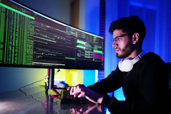 Młody mężczyzna w okularach pracuje przy komputerze, analizując kod. To obrazek dla osób zainteresowanych tym, jakie są technik informatyk zarobki.